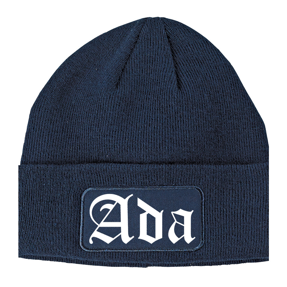 Ada Oklahoma OK Old English Mens Knit Beanie Hat Cap Navy Blue