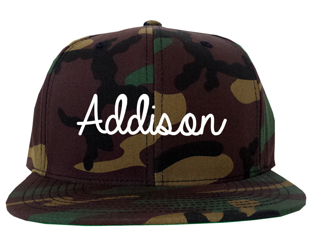 Addison Illinois IL Script Mens Snapback Hat Army Camo