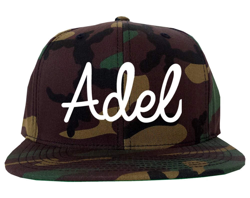 Adel Iowa IA Script Mens Snapback Hat Army Camo