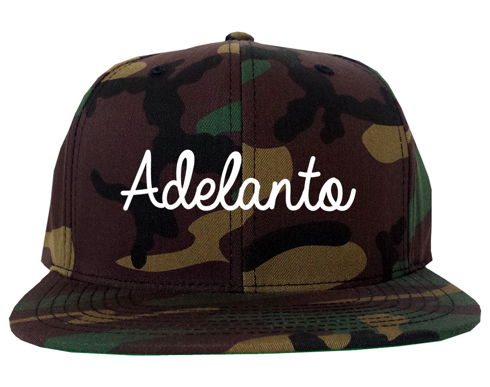 Adelanto California CA Script Mens Snapback Hat Army Camo