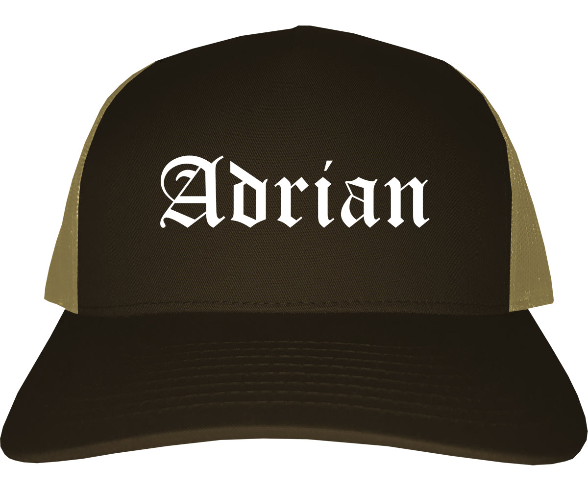 Adrian Michigan MI Old English Mens Trucker Hat Cap Brown