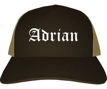 Adrian Michigan MI Old English Mens Trucker Hat Cap Brown