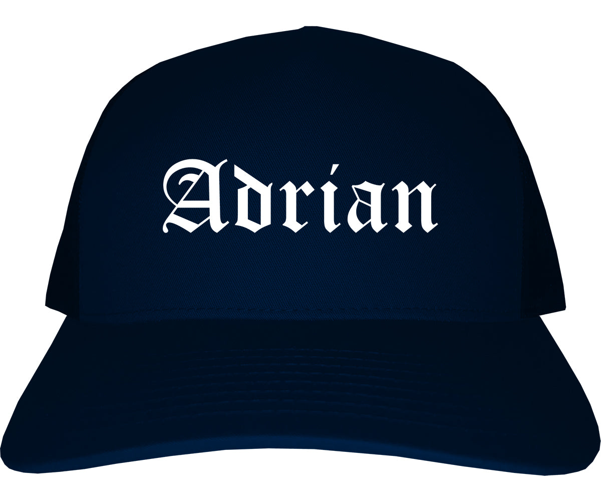 Adrian Michigan MI Old English Mens Trucker Hat Cap Navy Blue