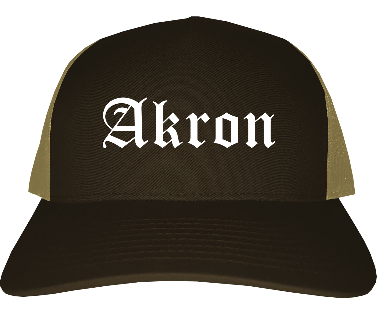 Akron Ohio OH Old English Mens Trucker Hat Cap Brown