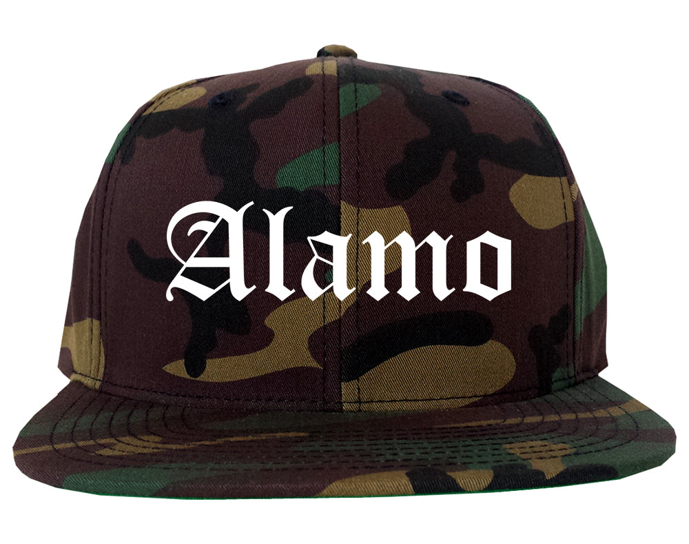 Alamo Texas TX Old English Mens Snapback Hat Army Camo