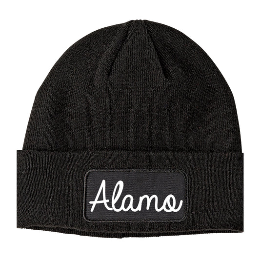Alamo Texas TX Script Mens Knit Beanie Hat Cap Black
