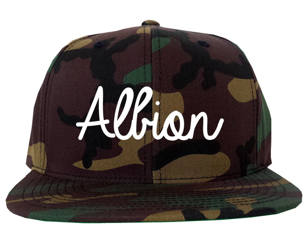Albion Michigan MI Script Mens Snapback Hat Army Camo