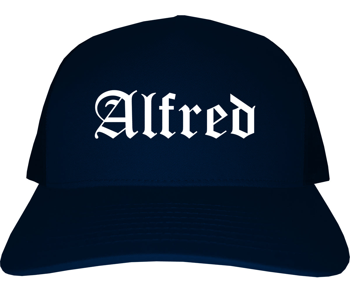 Alfred New York NY Old English Mens Trucker Hat Cap Navy Blue