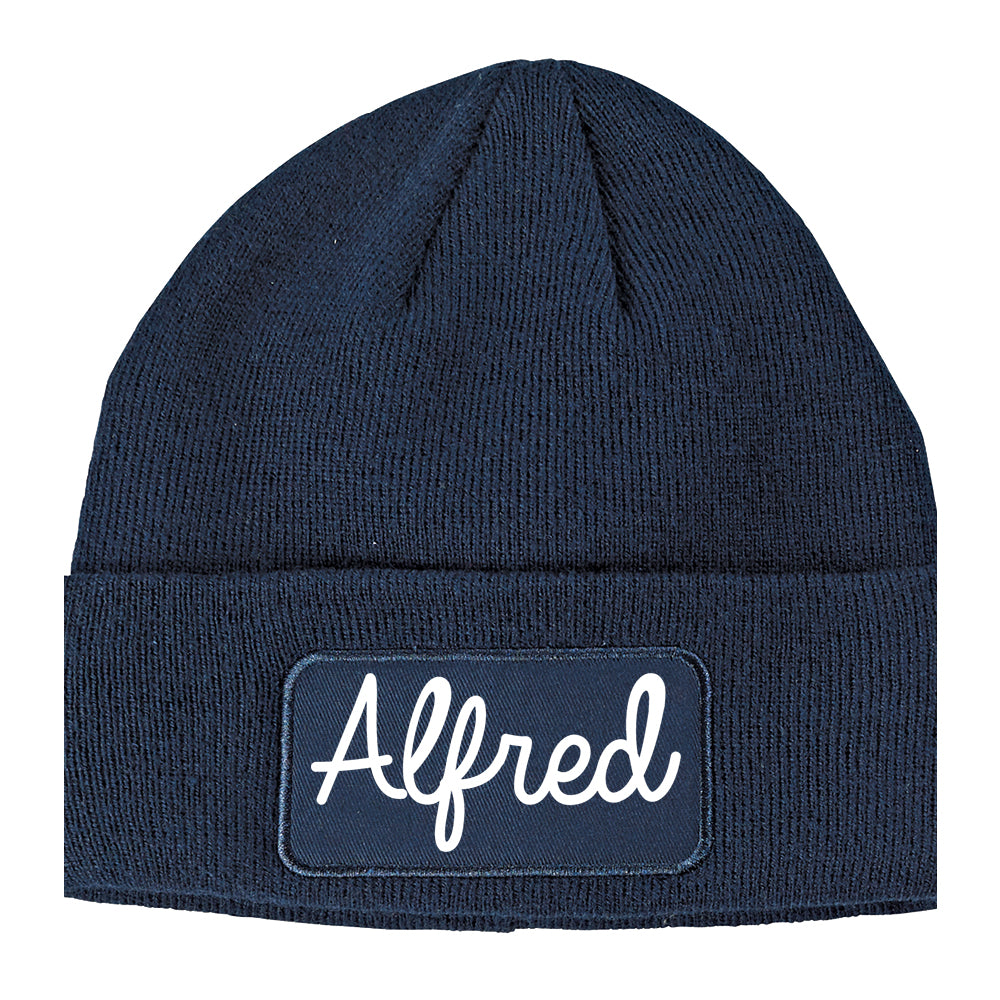 Alfred New York NY Script Mens Knit Beanie Hat Cap Navy Blue