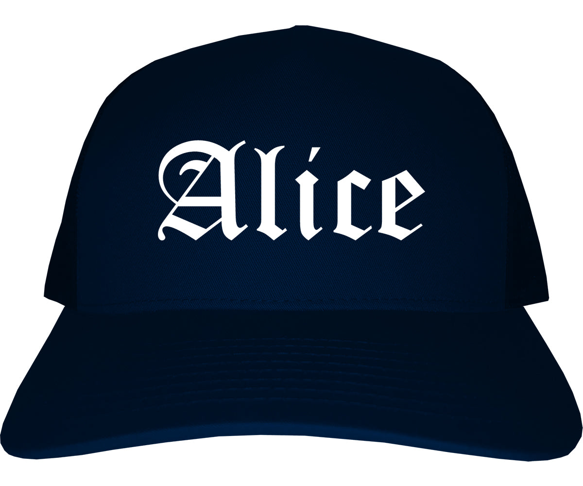 Alice Texas TX Old English Mens Trucker Hat Cap Navy Blue