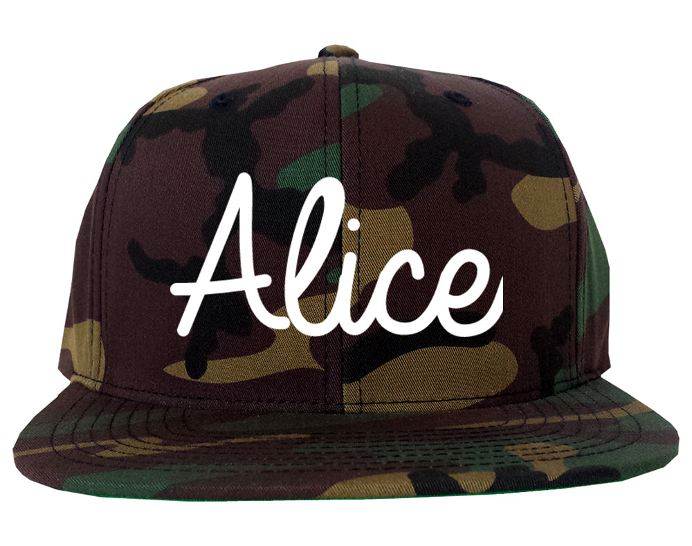 Alice Texas TX Script Mens Snapback Hat Army Camo