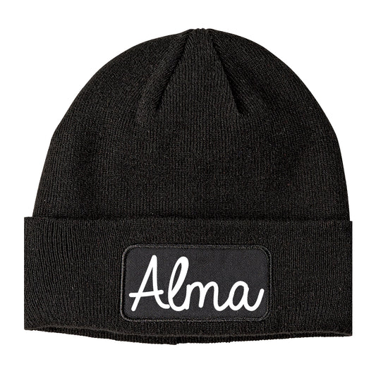 Alma Michigan MI Script Mens Knit Beanie Hat Cap Black