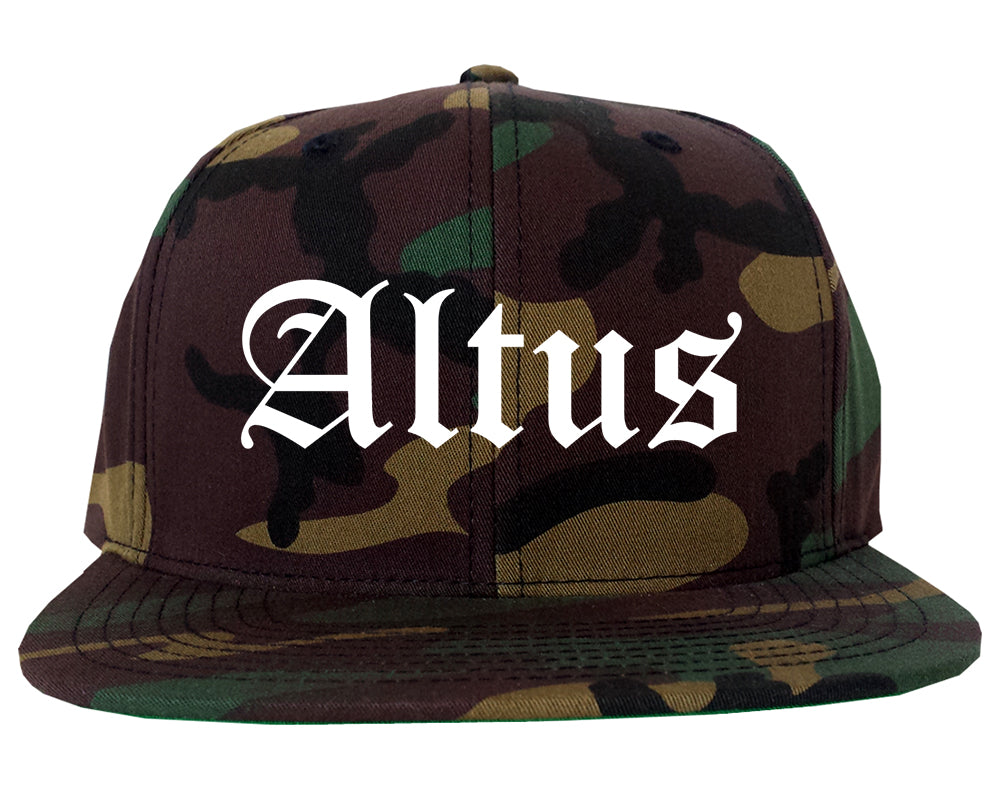 Altus Oklahoma OK Old English Mens Snapback Hat Army Camo