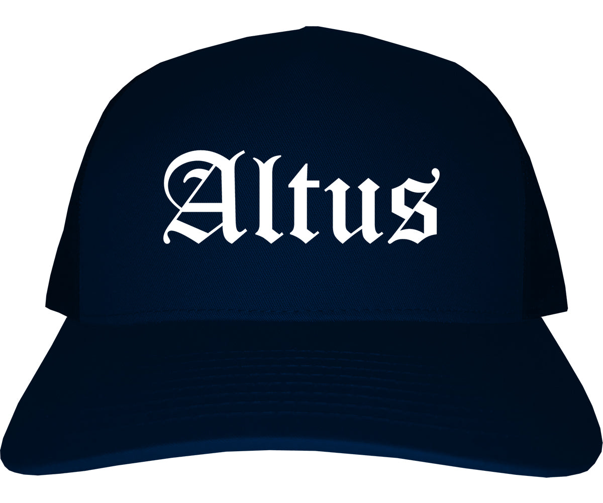 Altus Oklahoma OK Old English Mens Trucker Hat Cap Navy Blue