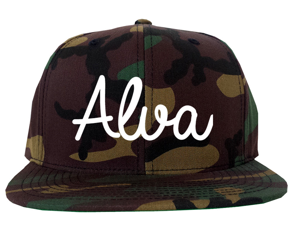 Alva Oklahoma OK Script Mens Snapback Hat Army Camo