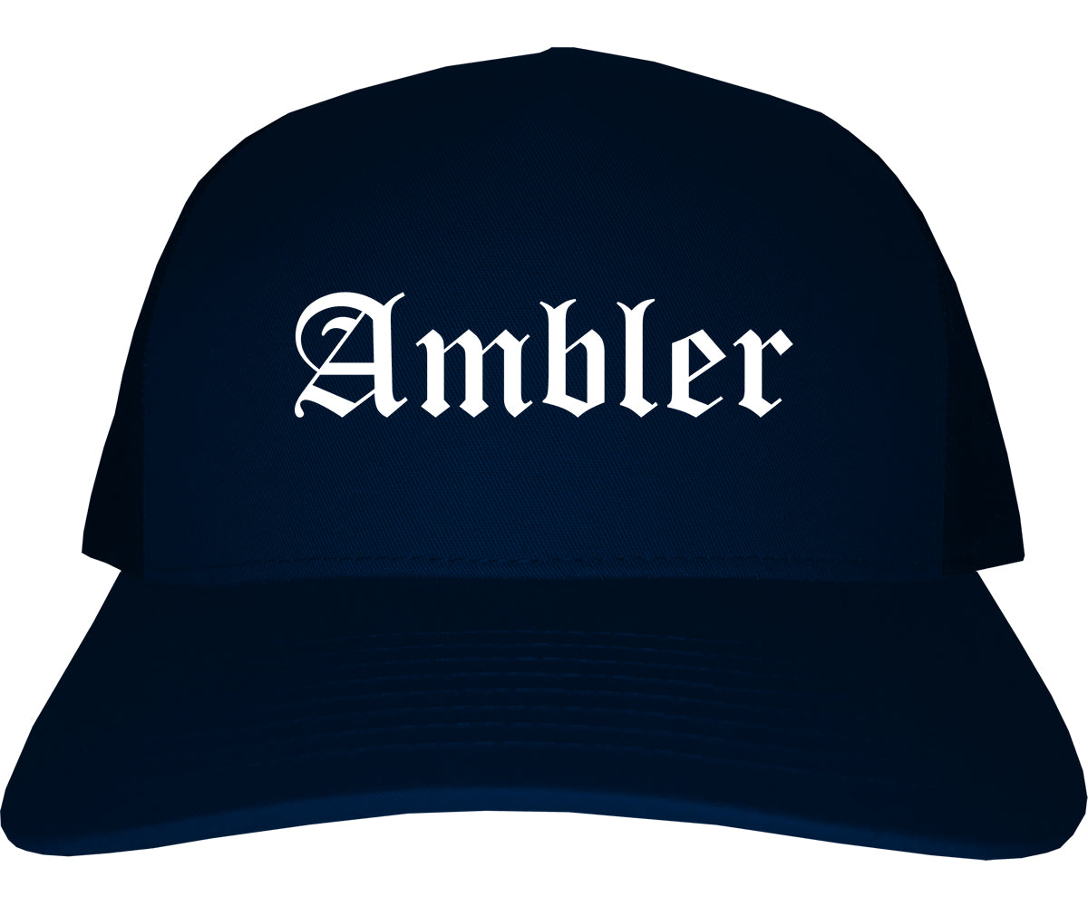Ambler Pennsylvania PA Old English Mens Trucker Hat Cap Navy Blue