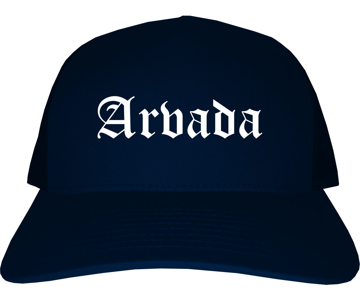 Arvada Colorado CO Old English Mens Trucker Hat Cap Navy Blue