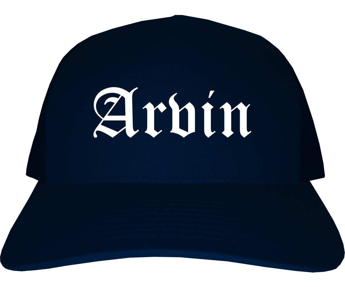 Arvin California CA Old English Mens Trucker Hat Cap Navy Blue