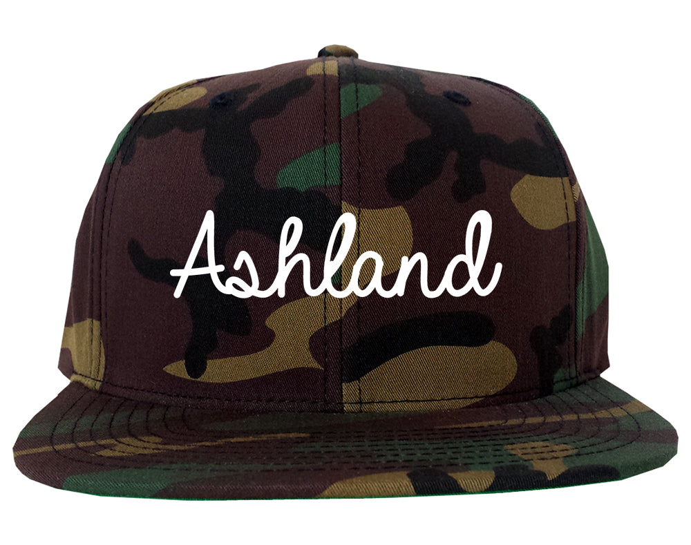 Ashland Virginia VA Script Mens Snapback Hat Army Camo