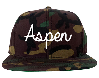 Aspen Colorado CO Script Mens Snapback Hat Army Camo