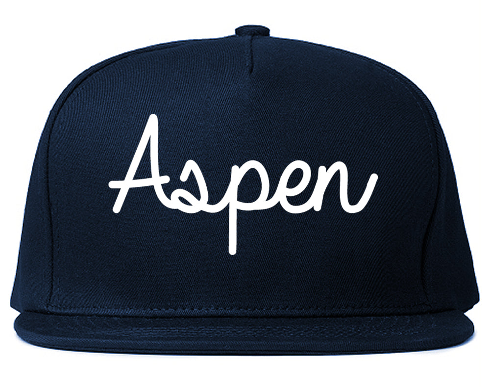 Aspen Colorado CO Script Mens Snapback Hat Navy Blue