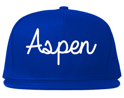 Aspen Colorado CO Script Mens Snapback Hat Royal Blue