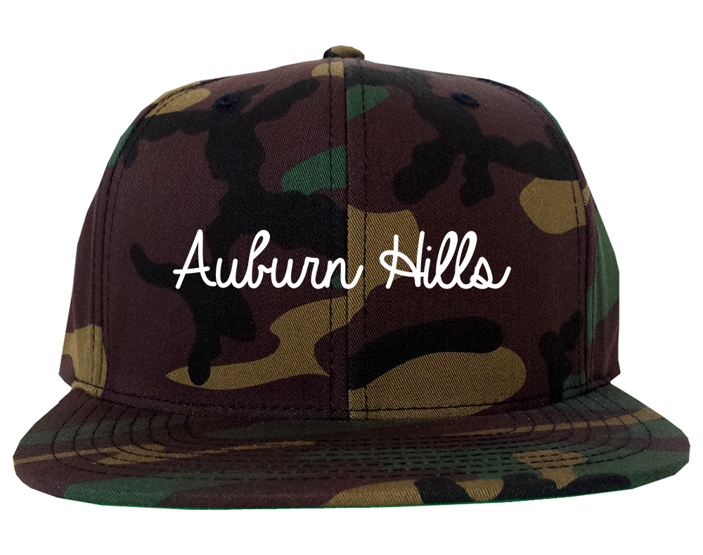 Auburn Hills Michigan MI Script Mens Snapback Hat Army Camo