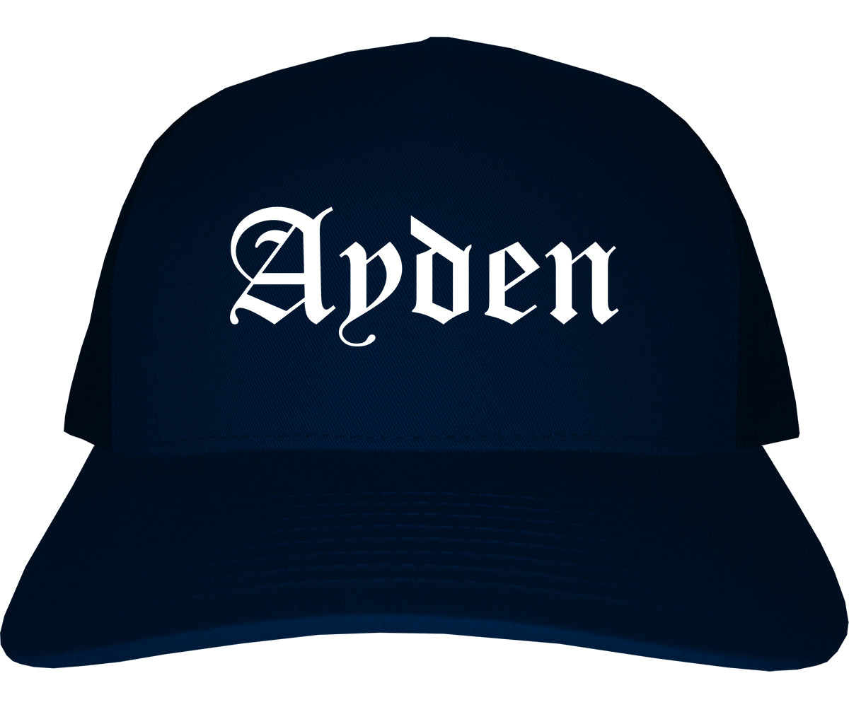 Ayden North Carolina NC Old English Mens Trucker Hat Cap Navy Blue