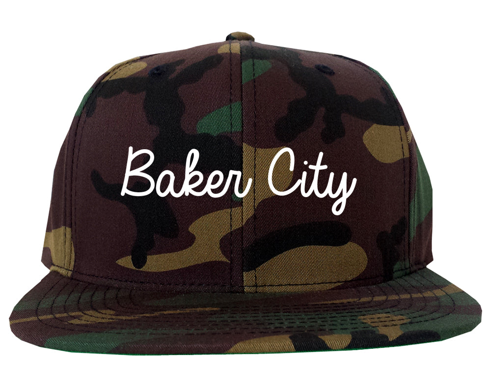 Baker City Oregon OR Script Mens Snapback Hat Army Camo