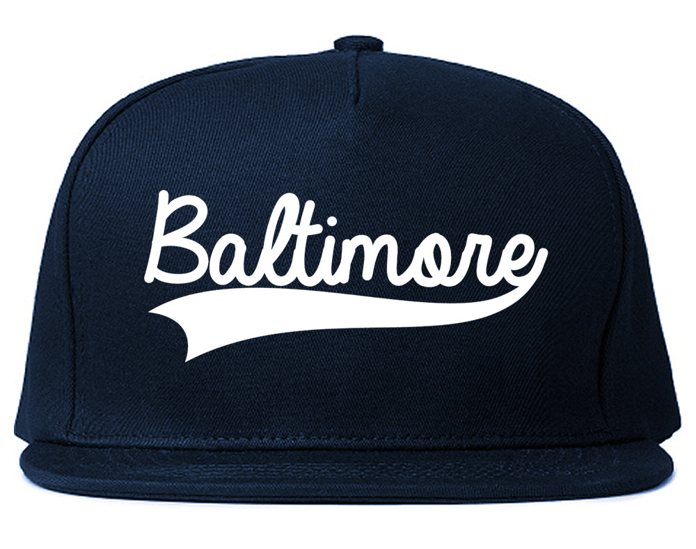 Baltimore Old School Varsity Logo Mens Snapback Hat Navy Blue