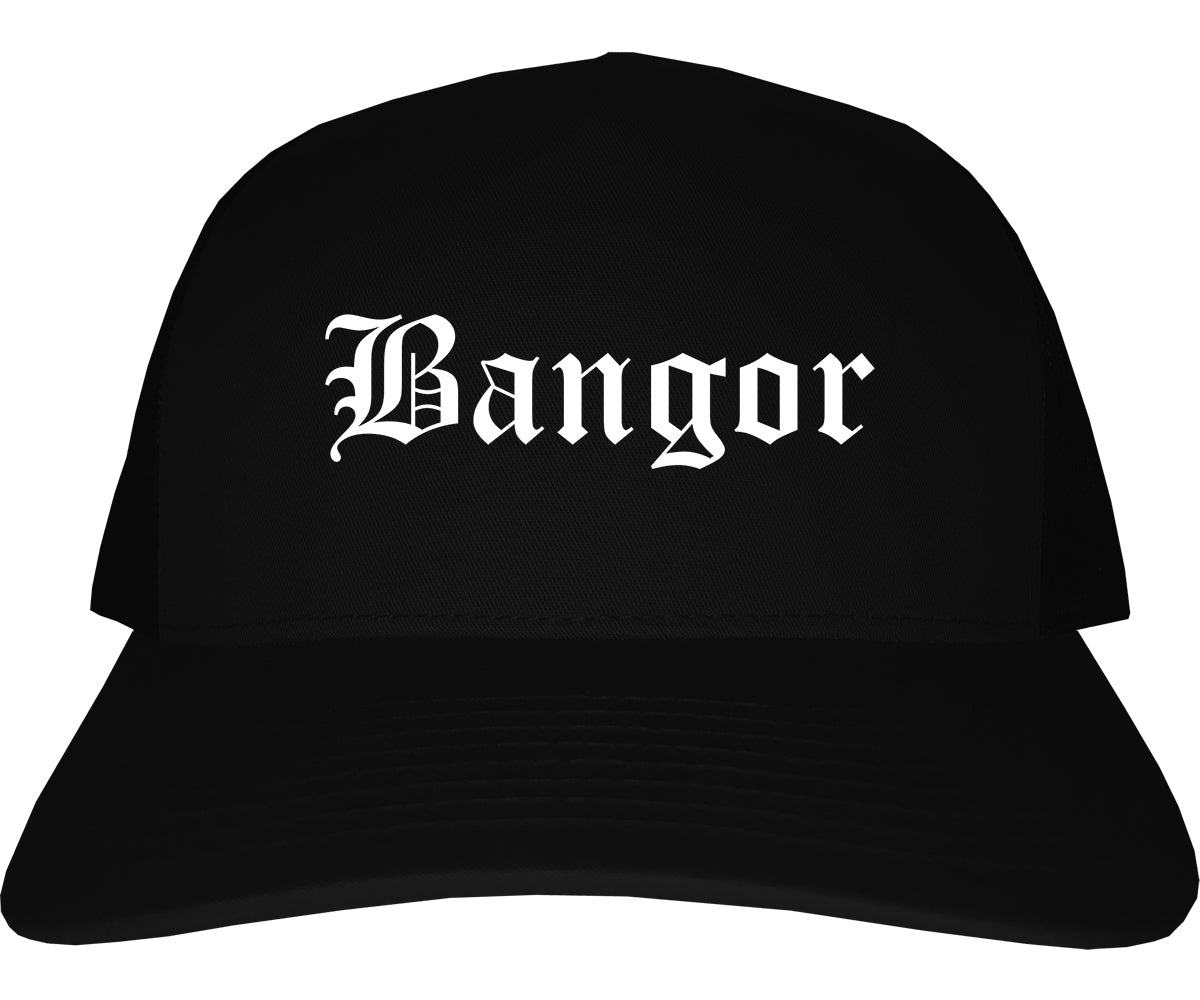 Bangor Maine ME Old English Mens Trucker Hat Cap Black