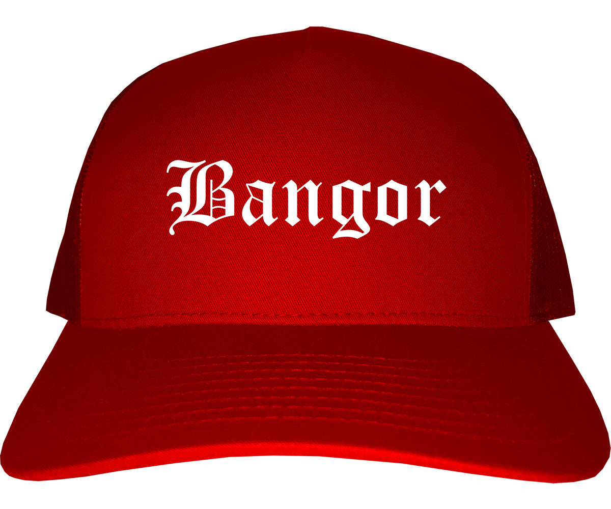 Bangor Maine ME Old English Mens Trucker Hat Cap Red