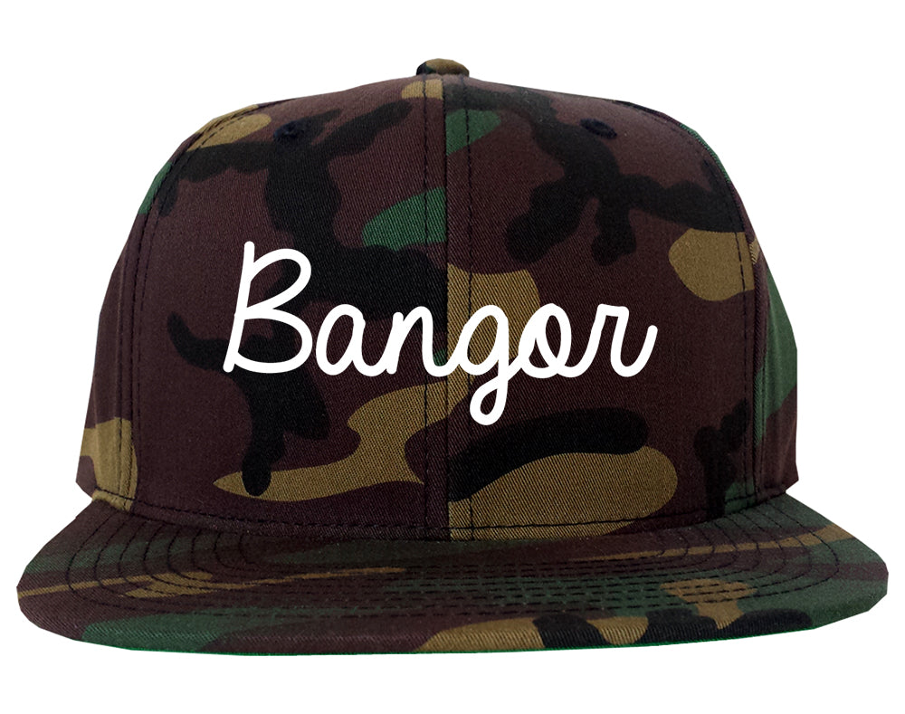 Bangor Maine ME Script Mens Snapback Hat Army Camo