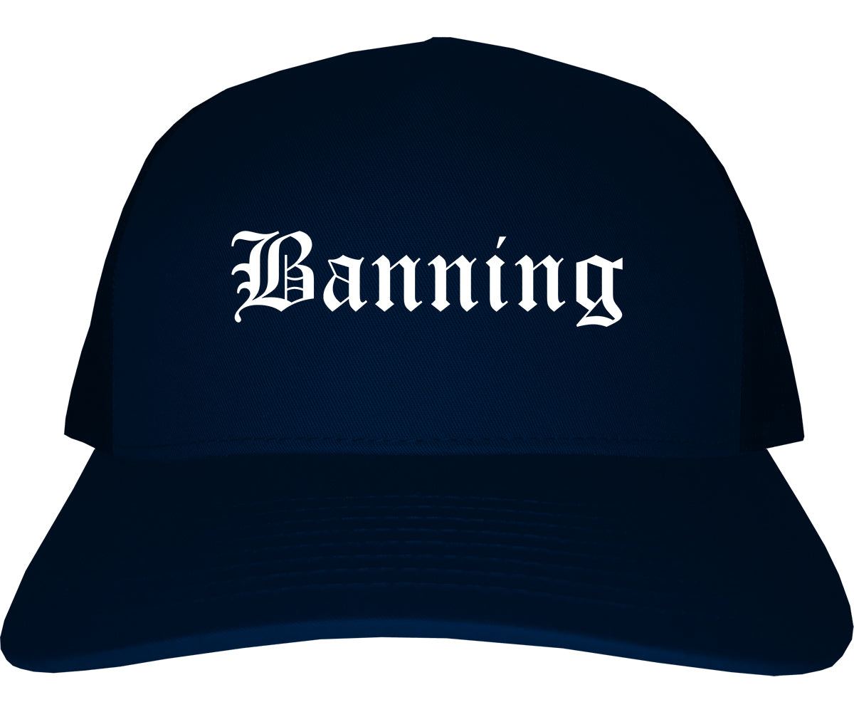 Banning California CA Old English Mens Trucker Hat Cap Navy Blue