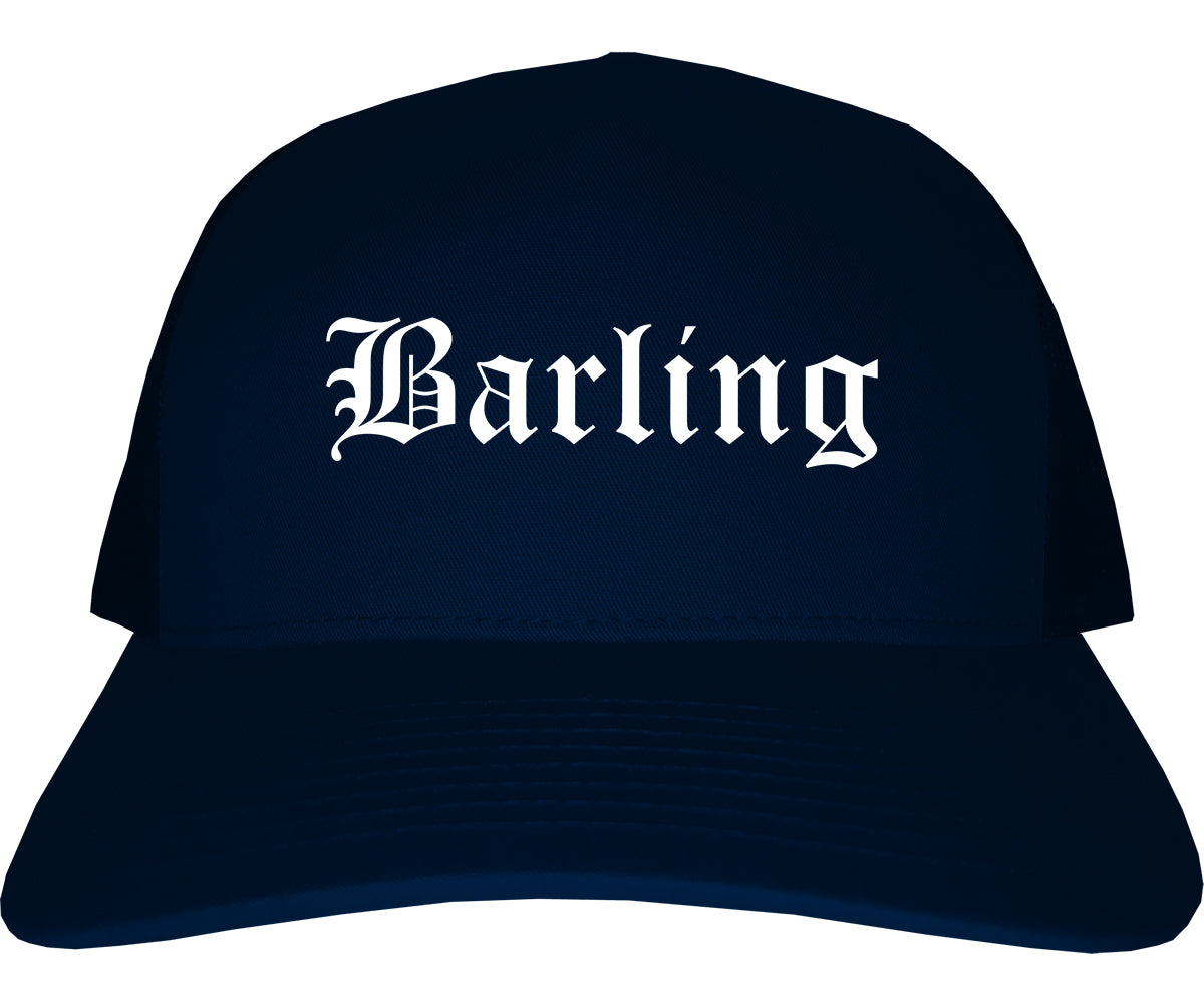 Barling Arkansas AR Old English Mens Trucker Hat Cap Navy Blue