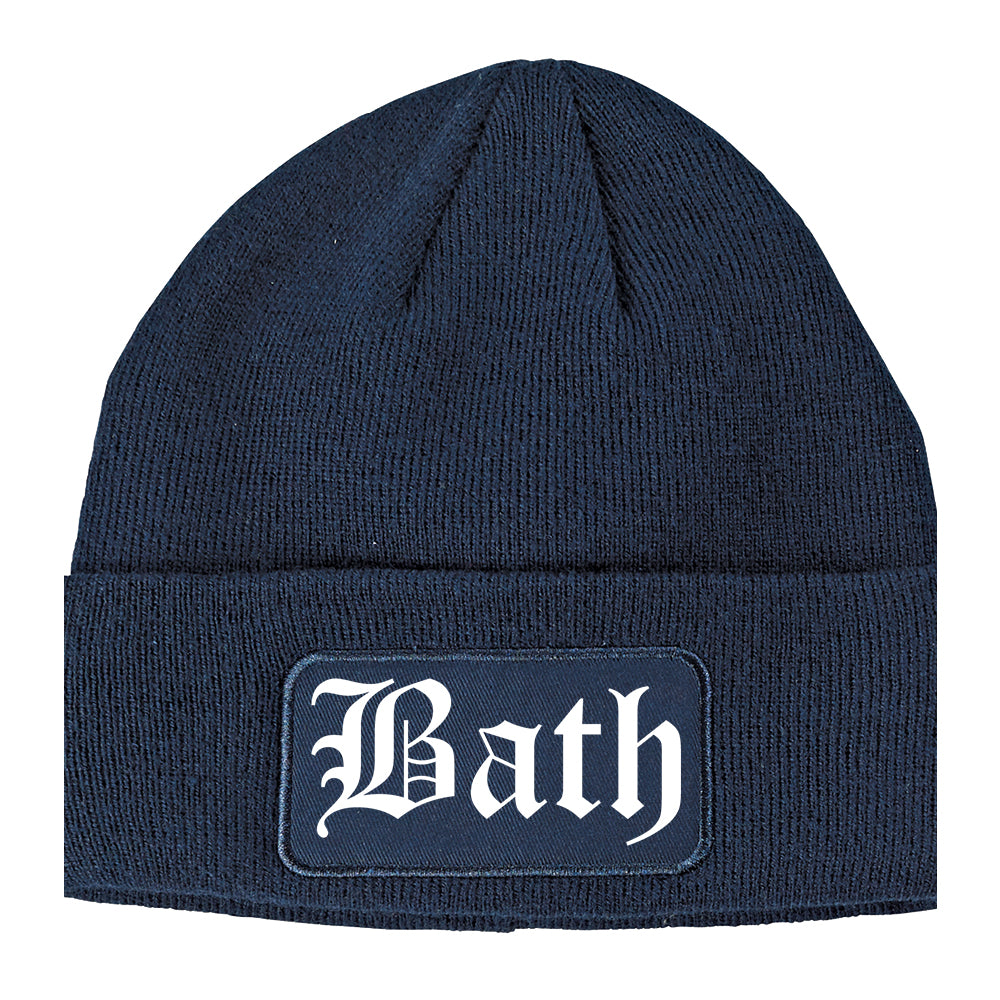 Bath Maine ME Old English Mens Knit Beanie Hat Cap Navy Blue