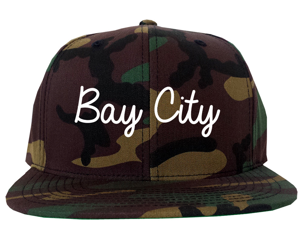 Bay City Texas TX Script Mens Snapback Hat Army Camo