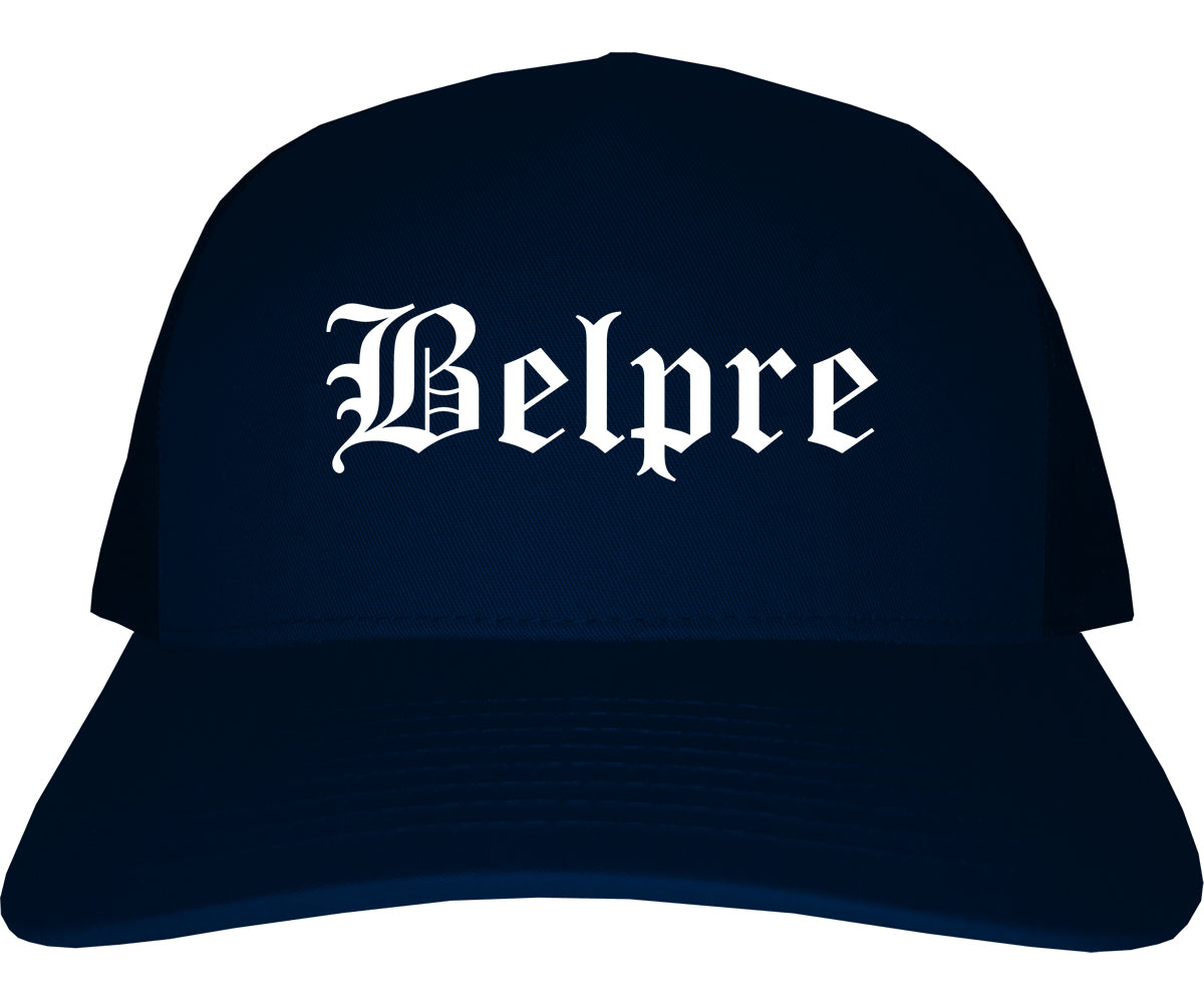 Belpre Ohio OH Old English Mens Trucker Hat Cap Navy Blue
