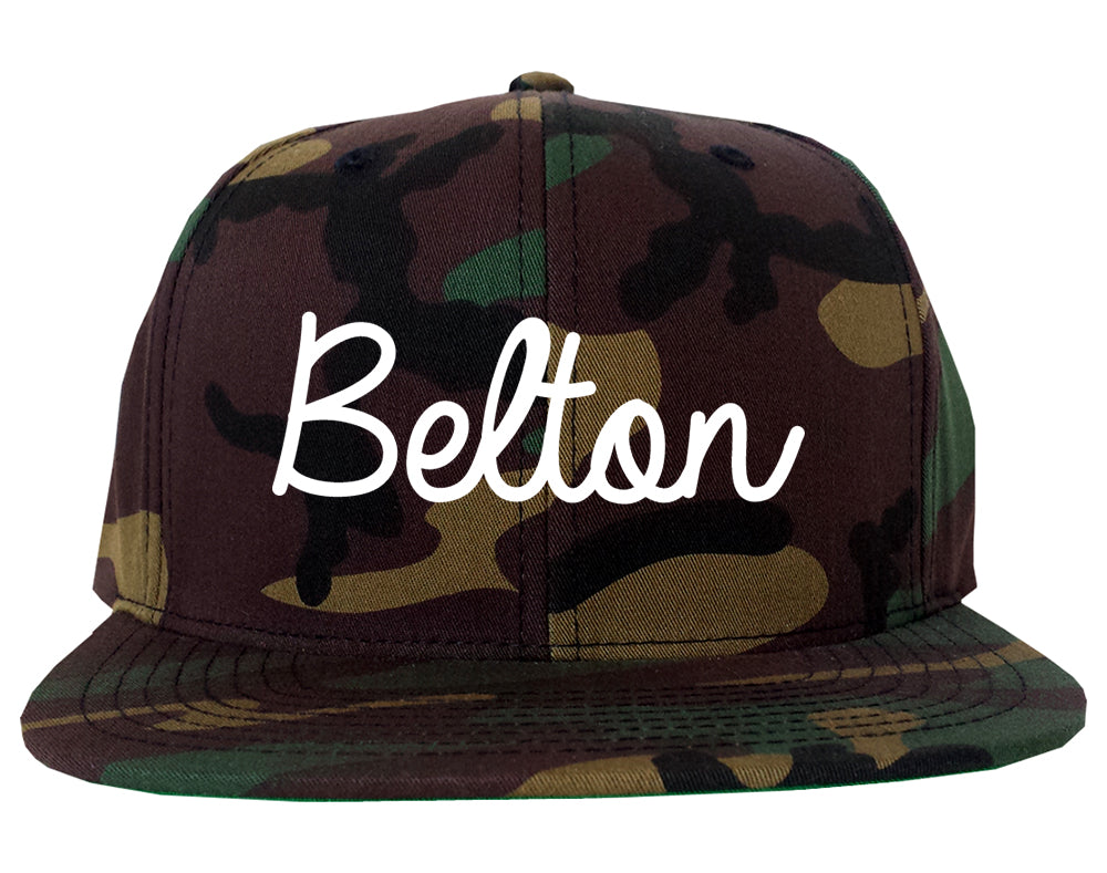 Belton Texas TX Script Mens Snapback Hat Army Camo