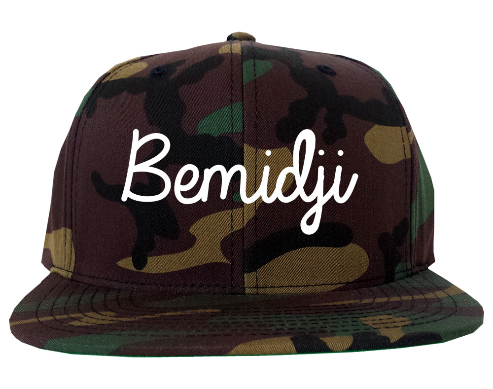 Bemidji Minnesota MN Script Mens Snapback Hat Army Camo
