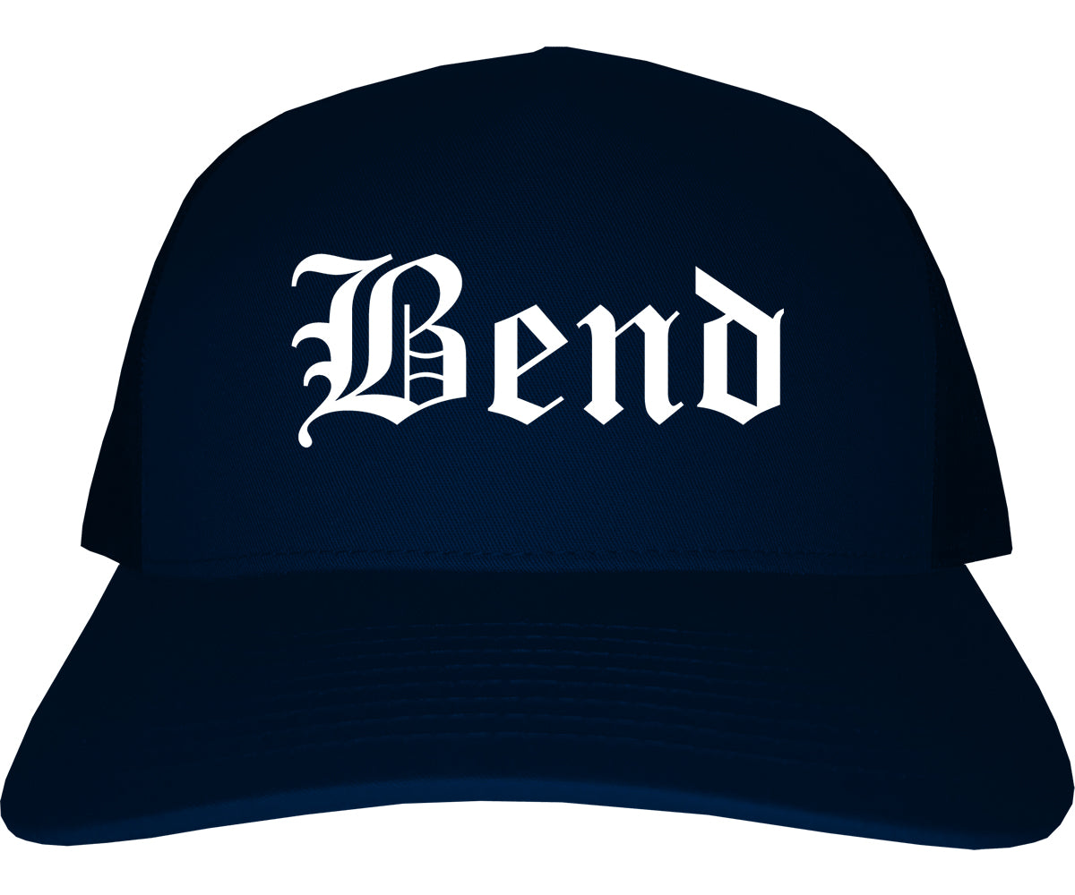 Bend Oregon OR Old English Mens Trucker Hat Cap Navy Blue