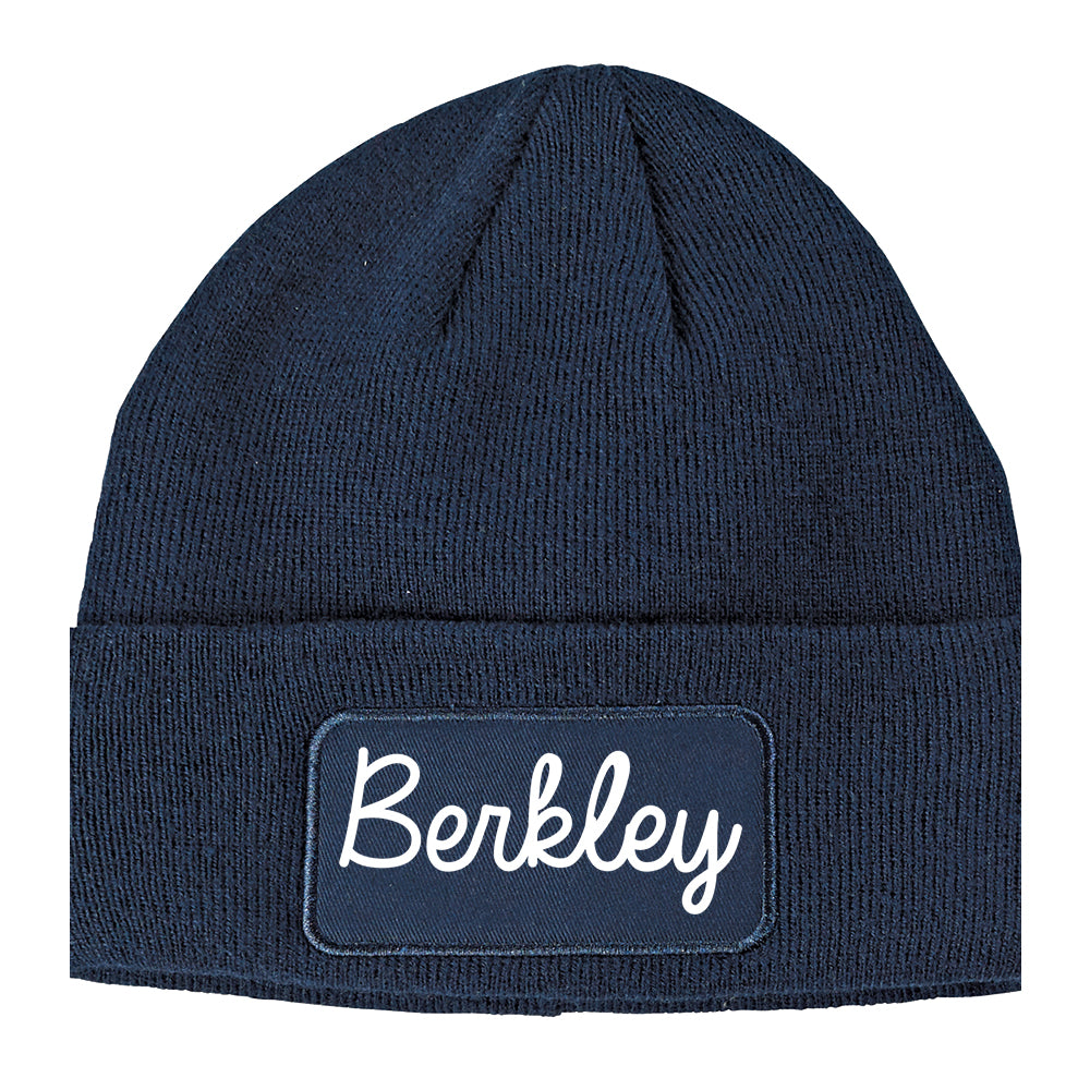 Berkley Michigan MI Script Mens Knit Beanie Hat Cap Navy Blue