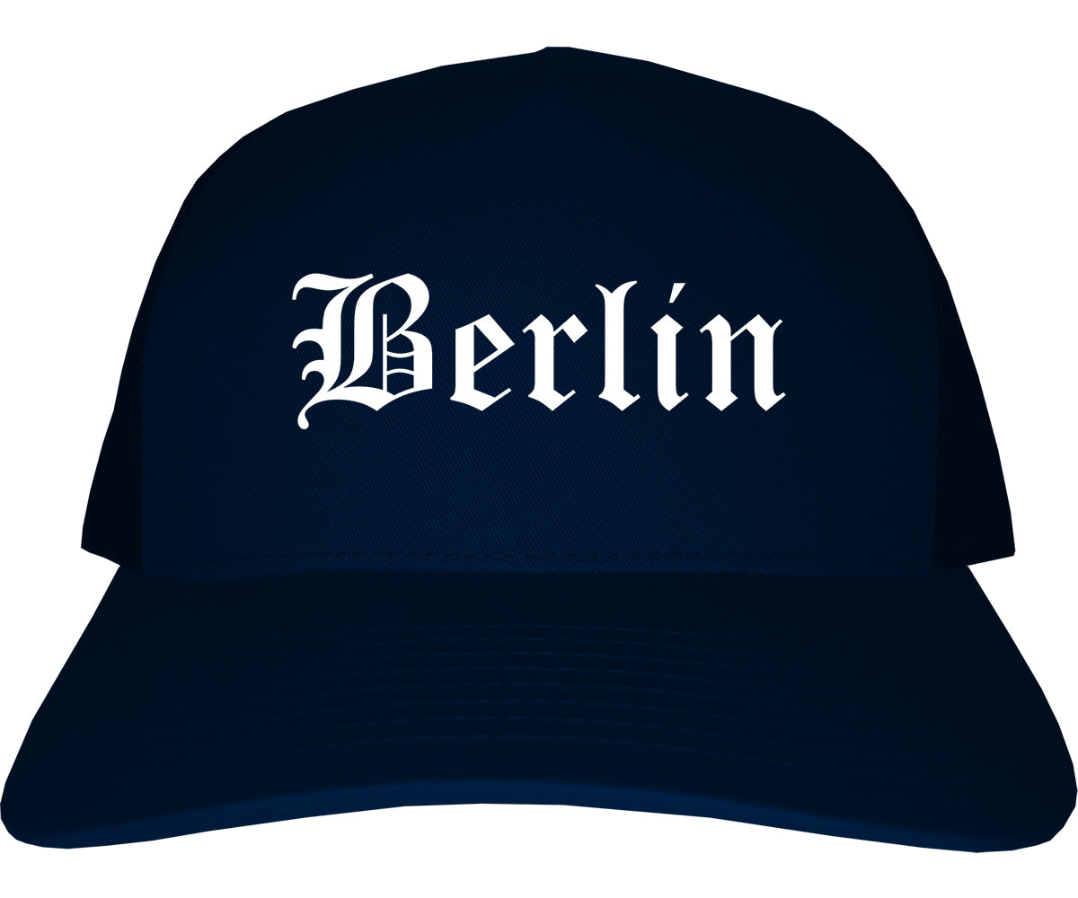 Berlin New Hampshire NH Old English Mens Trucker Hat Cap Navy Blue