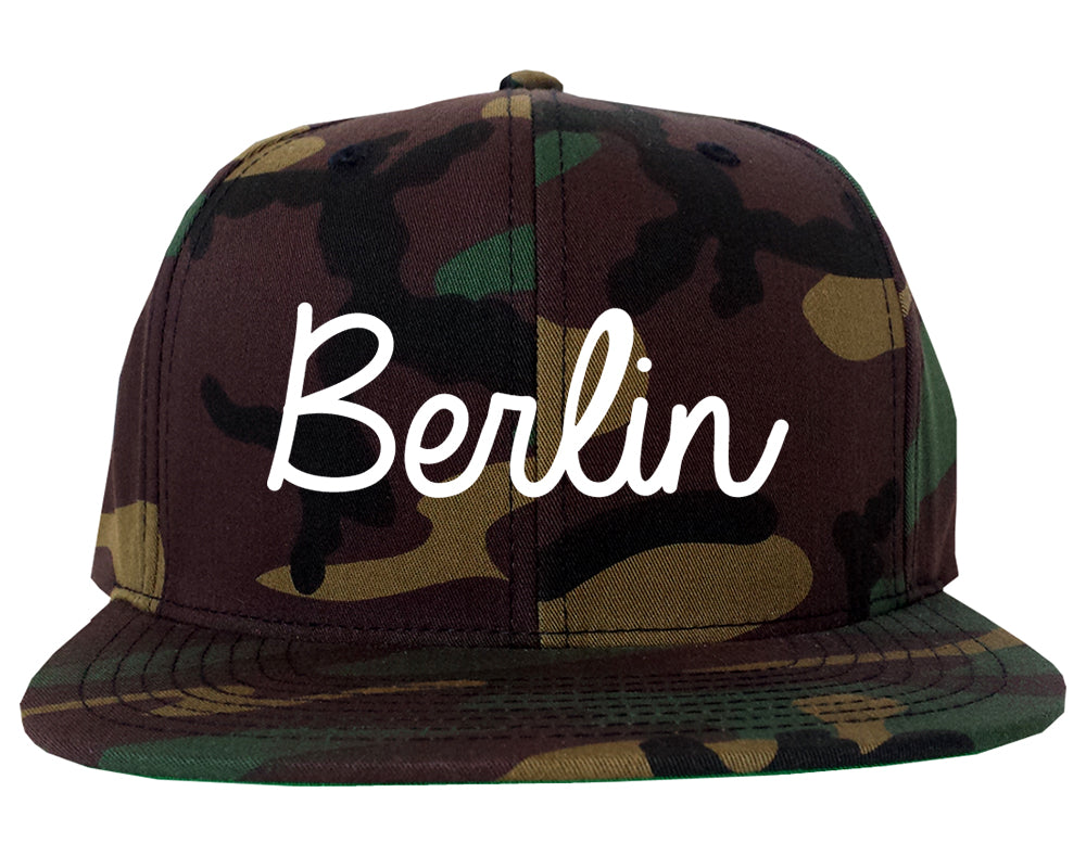 Berlin New Hampshire NH Script Mens Snapback Hat Army Camo