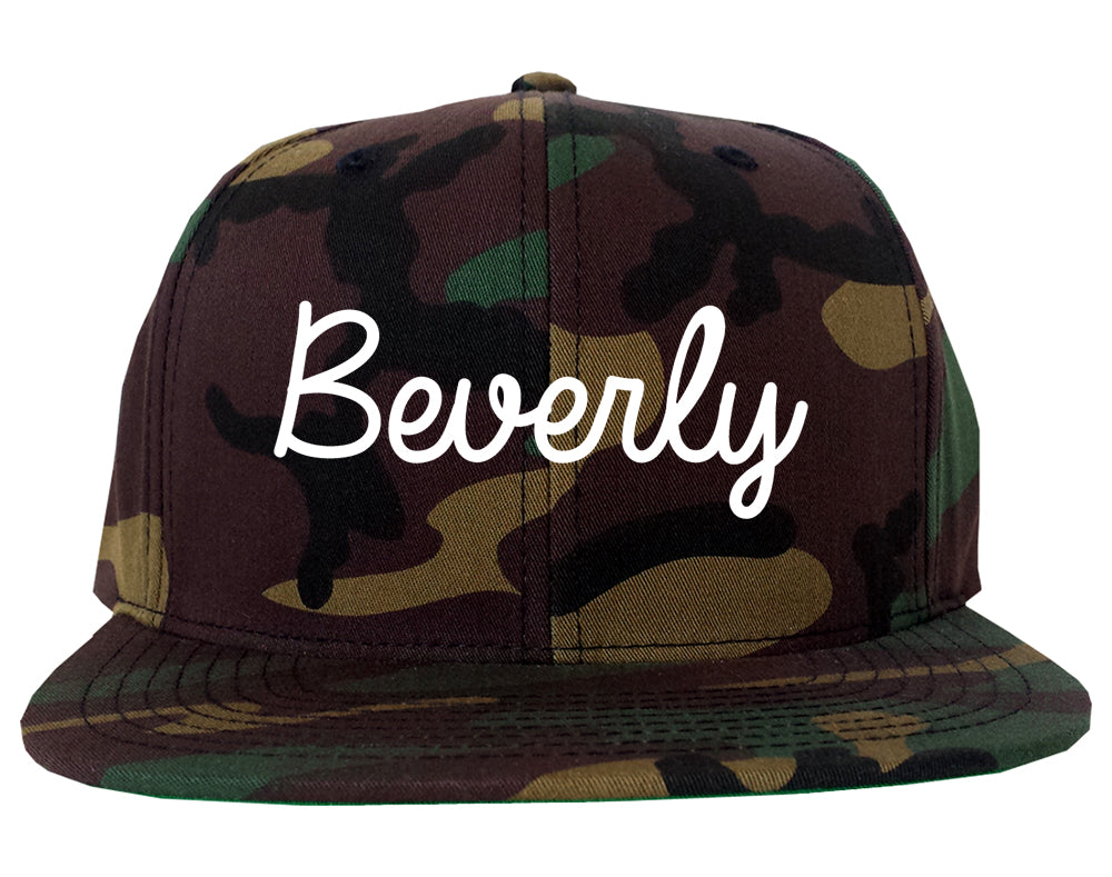 Beverly Massachusetts MA Script Mens Snapback Hat Army Camo