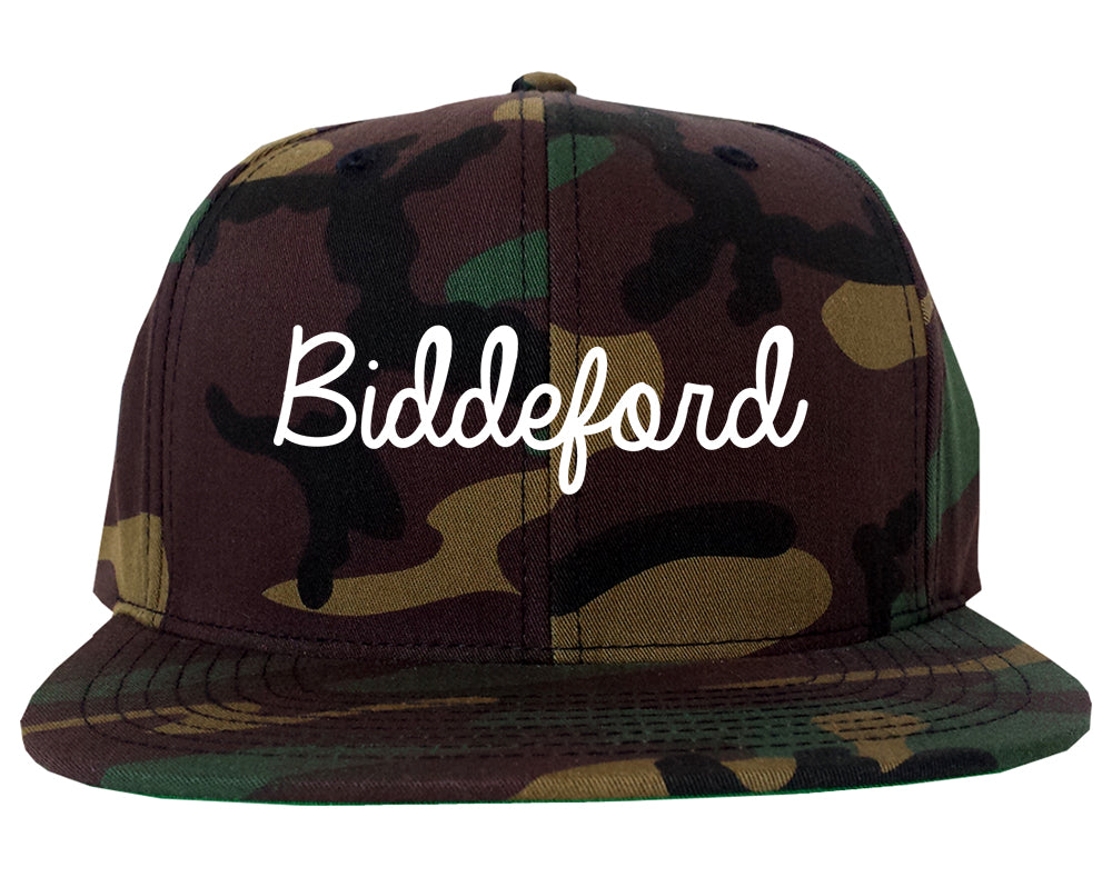Biddeford Maine ME Script Mens Snapback Hat Army Camo