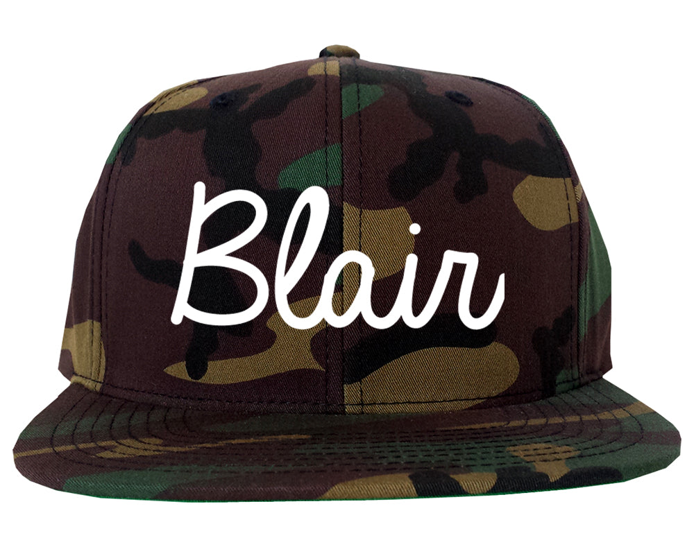 Blair Nebraska NE Script Mens Snapback Hat Army Camo