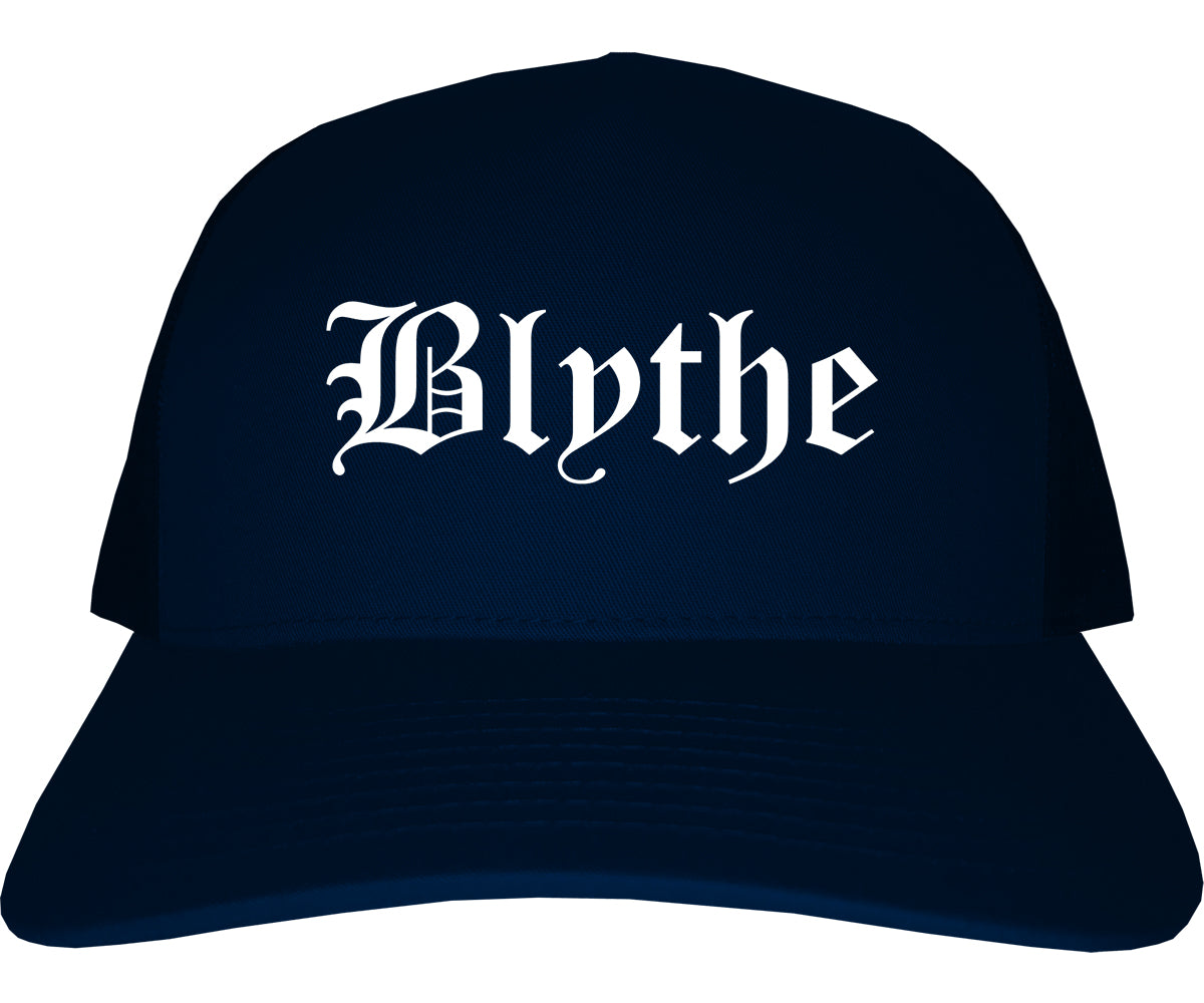 Blythe California CA Old English Mens Trucker Hat Cap Navy Blue