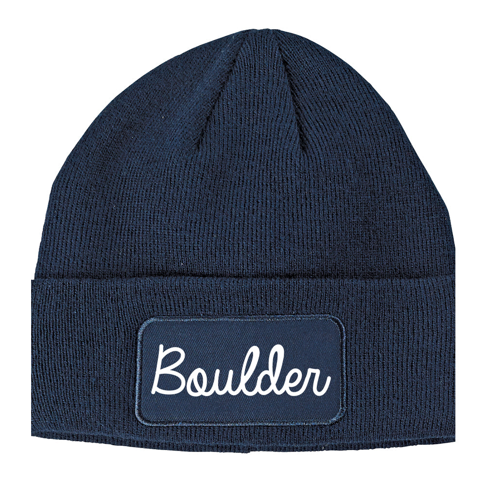 Boulder Colorado CO Script Mens Knit Beanie Hat Cap Navy Blue