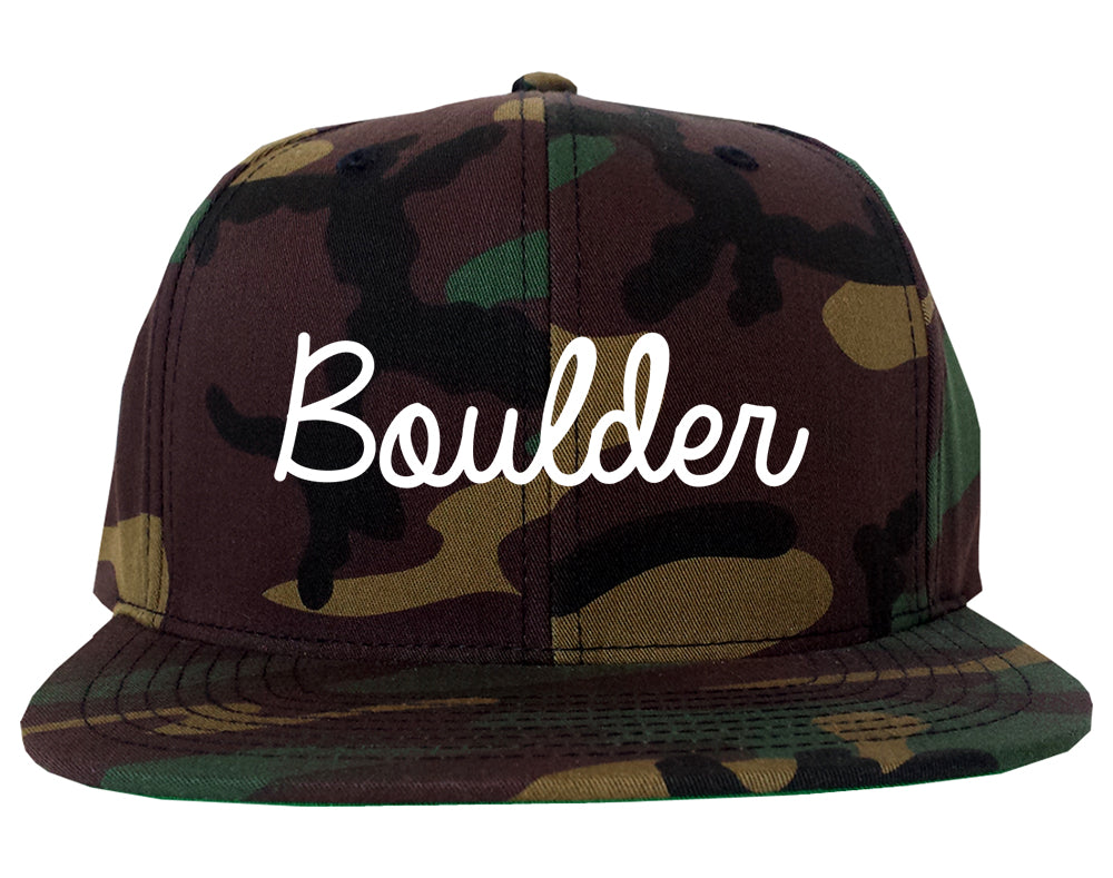 Boulder Colorado CO Script Mens Snapback Hat Army Camo